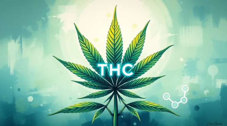 A bold acrylic painting of a modern sleek blog banner cannabis leaf and glowing Delta-8-THC molecule background calming green blue white futuristic professional vibe vibrant colors