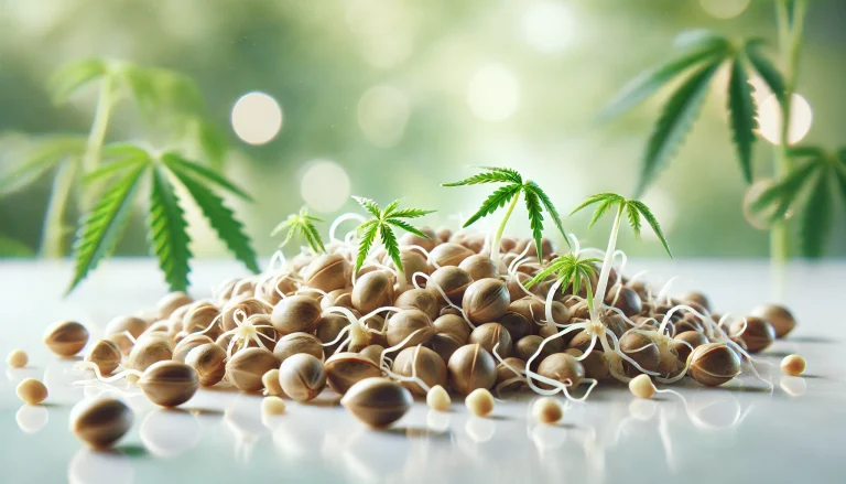 A close-up of fresh, high-quality hemp seeds on a clean, white surface. Some seeds are cracked open, revealing tiny white roots emerging.