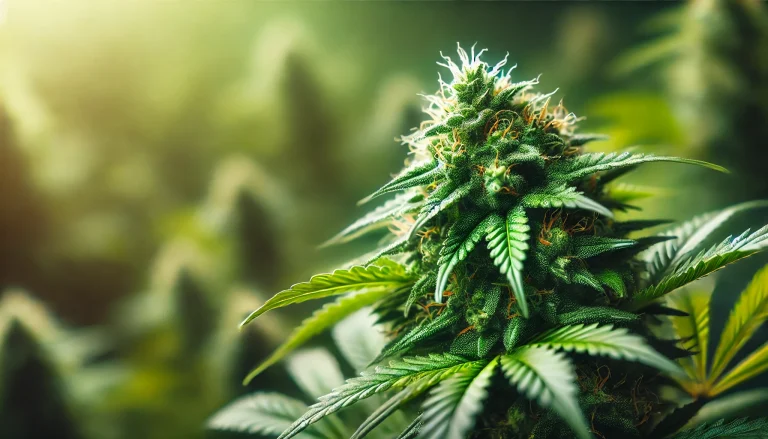 A close-up photo of a healthy cannabis plant, highlighting its vibrant green leaves and resin-covered flowers.