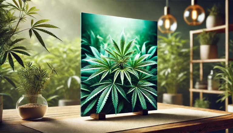 A visually striking and modern featured image for a blog post about hemp seeds (Hanfsamen). The image showcases lush, vibrant green hemp plants in sha