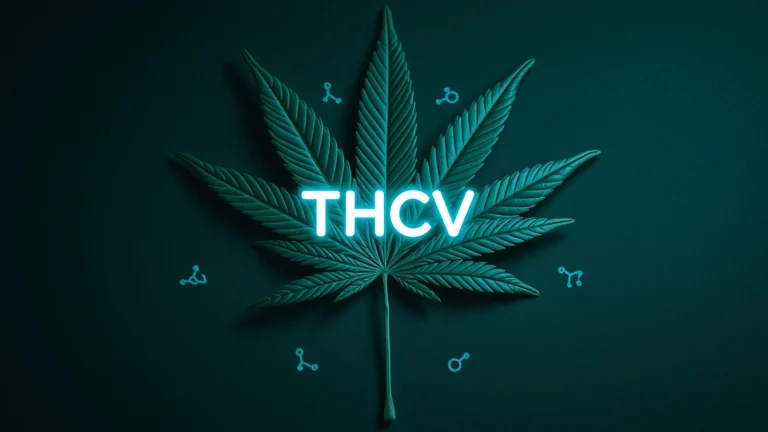 Eine minimalistische Darstellung eines Cannabis-Blattes mit einer THCV-Molekülstruktur, umgeben von Symbolen für Appetitzügelung, Angstlinderung und Blutzuckerregulation. Einfaches, modernes Design in Grün-, Blau- und Weißtönen.